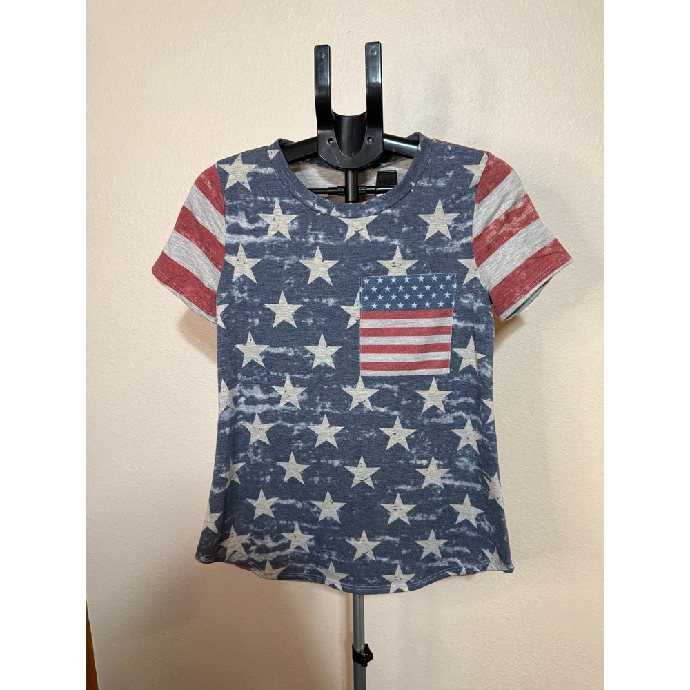 12PM by Mon Ami USA American Flag Stars Stripes Pocket Tee Small TP232